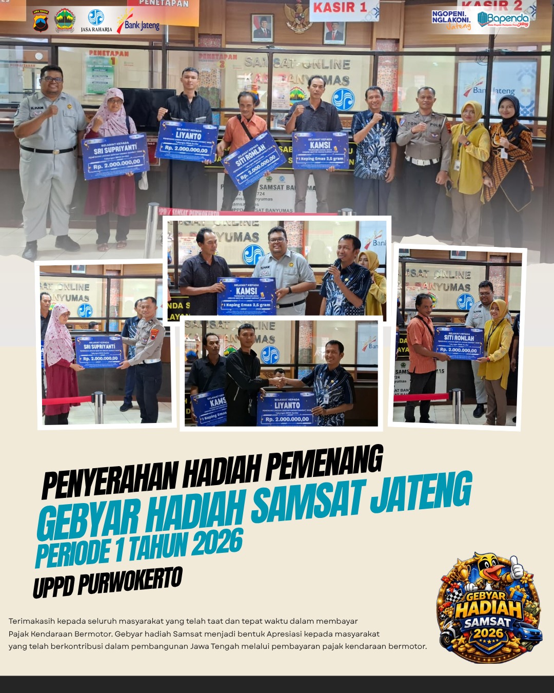 PENYERAHAN HADIAH GEBYAR HADIAH SAMSAT JATENG PERIODE 1 TAHUN 2026  UPPD Purwokerto